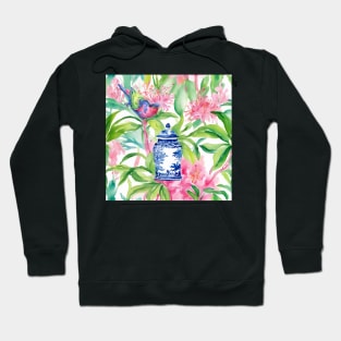 Bird, flowers, and blue and white chinoiserie jar Hoodie